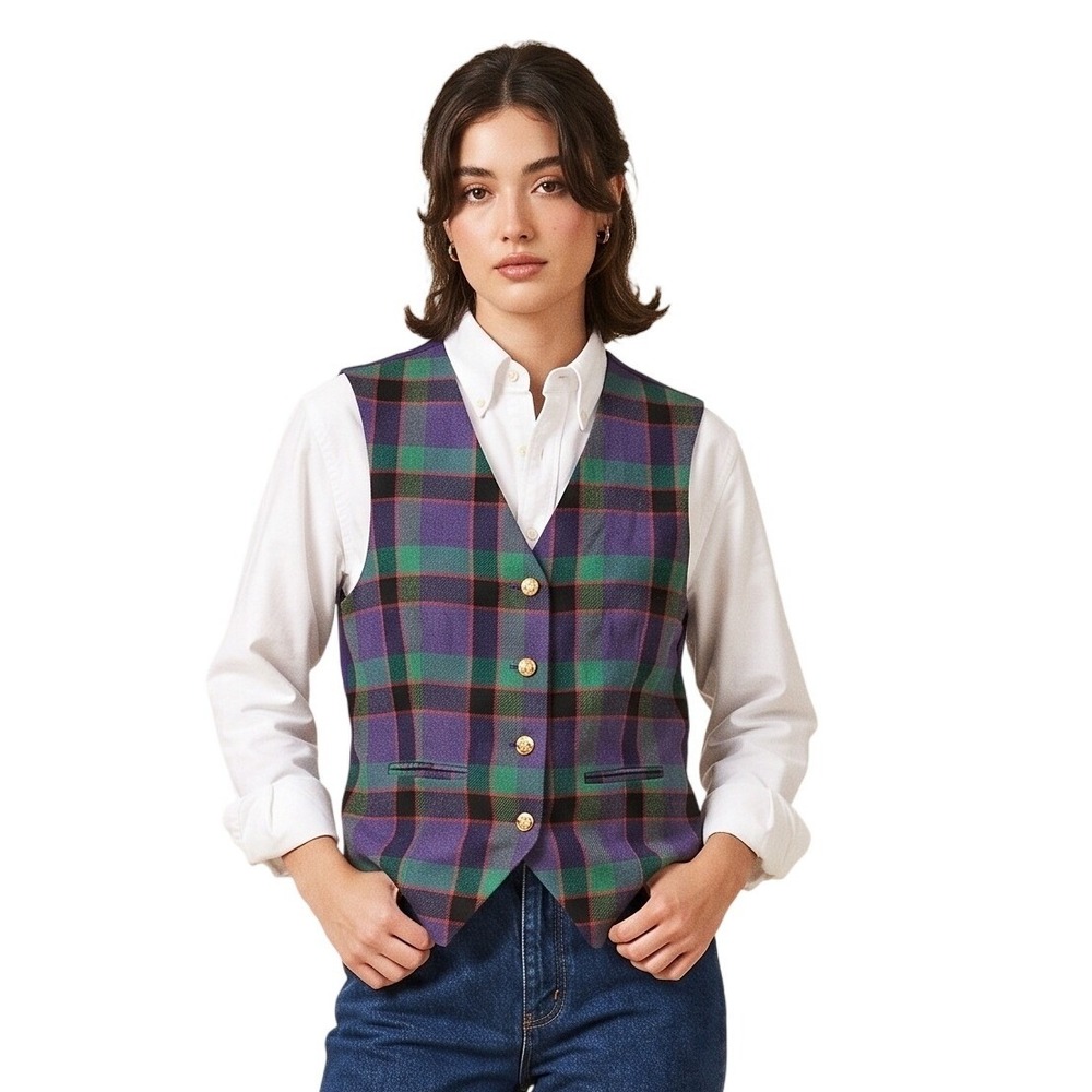 VTG PATCHINGTON Womens Plaid Silk Cotton Vest Purple Green 90s Preppy Small
